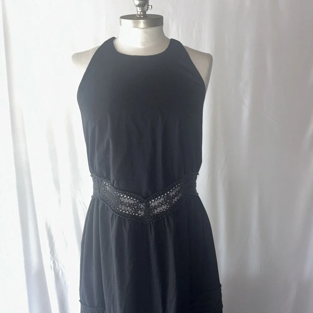 Abercrombie & Fitch High Neck Crochet Cotton Blend Maxi Black Dress Large Tall